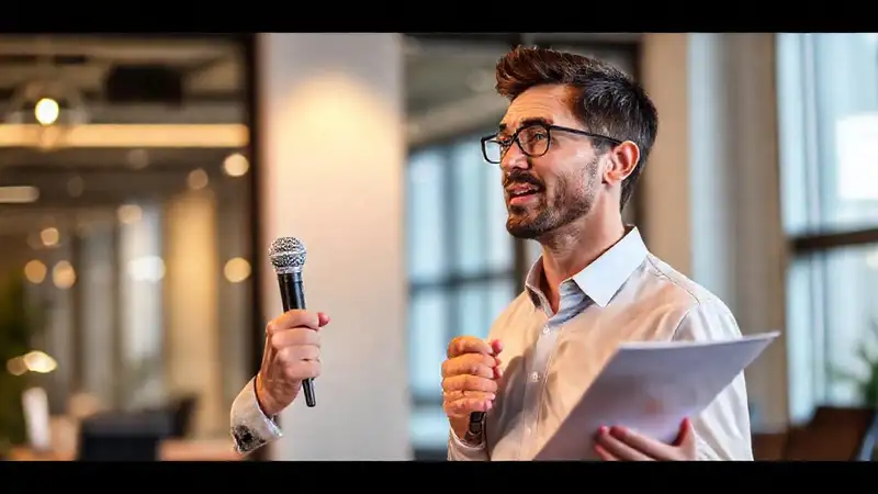 Persona presentando con confianza en oficina moderna