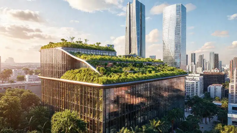 Edificio sustentable futurista con jardines y tecnología