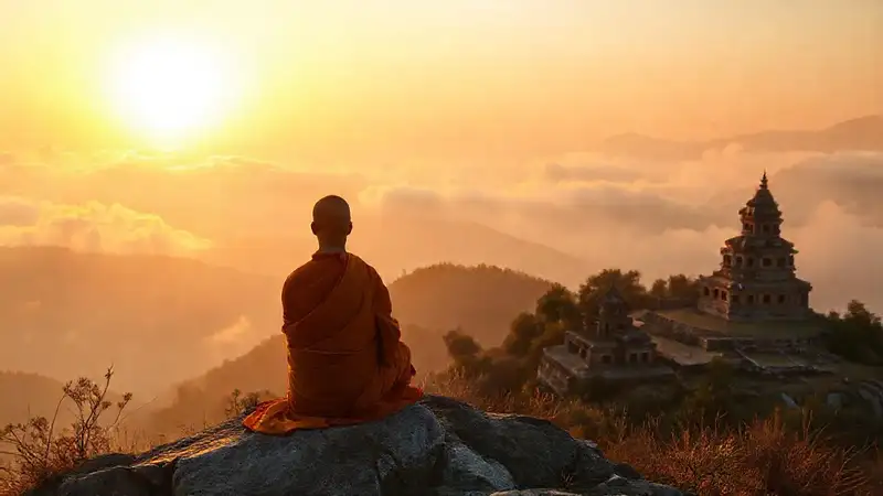 Monje budista meditando en paisaje sereno