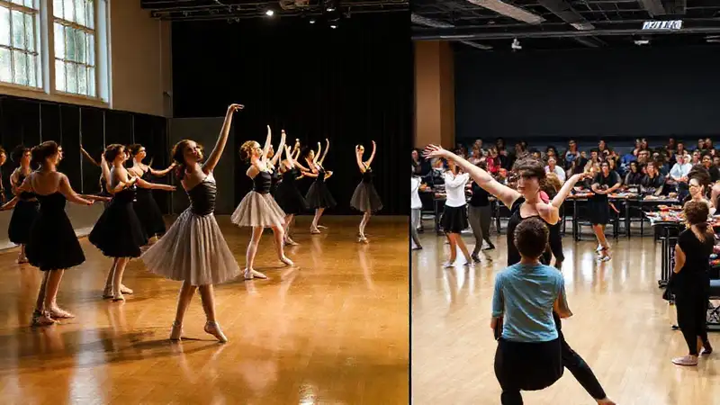 Estudiantes bailando en estudio y aula diversos