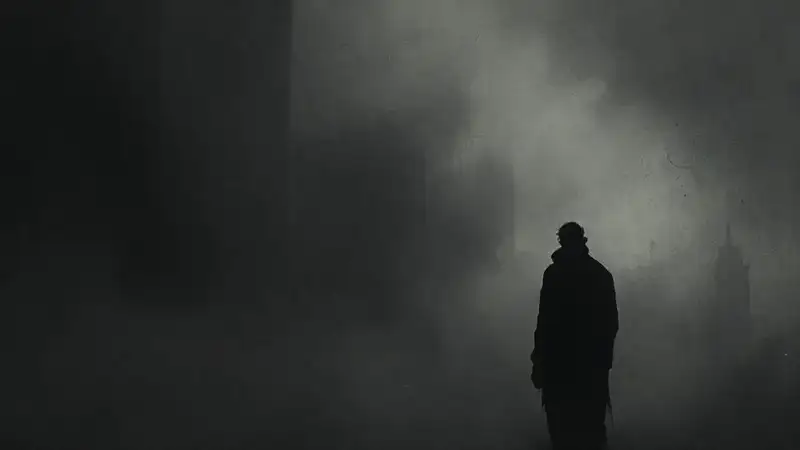 Figura solitaria en ciudad oscura y reflexiva