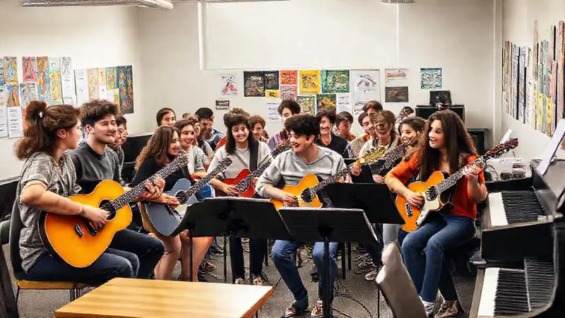 Estudiantes de música colaboran en aula moderna