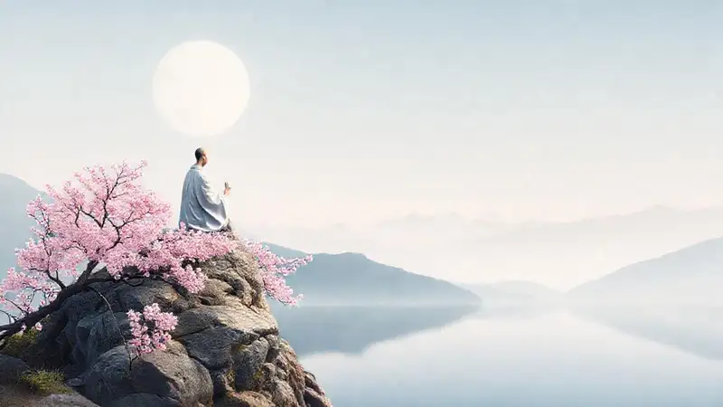 Monje zen meditando en paisaje tranquilo