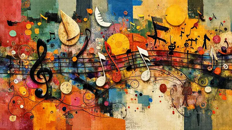 Notas musicales y símbolos culturales en armonía