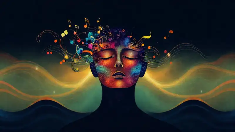 Silhouette humana, notas musicales y ondas vibrantes