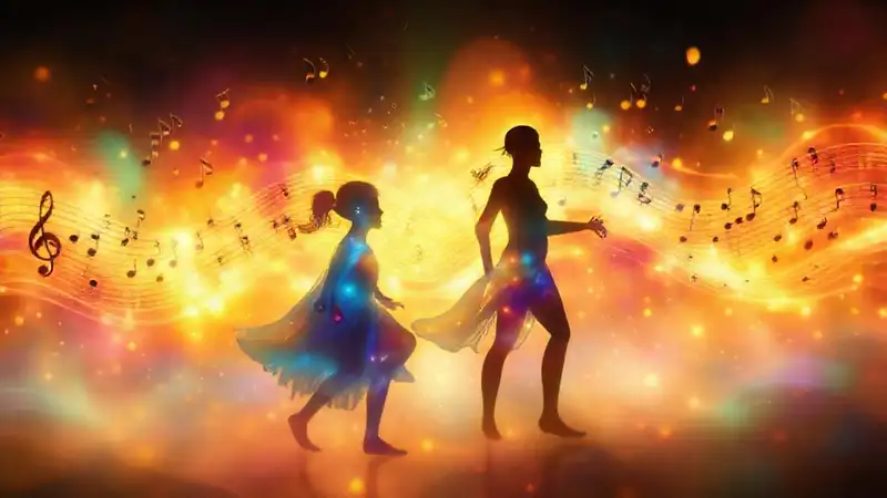 Notas musicales y siluetas en armonía vibrante