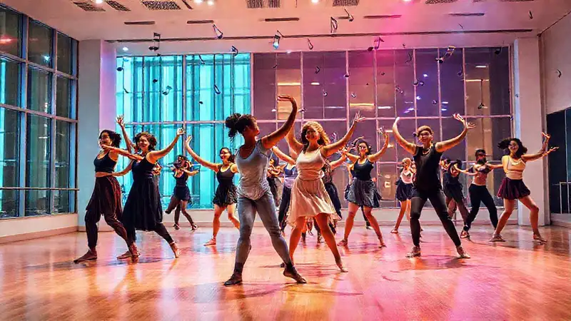Estudiantes de danza en estudio vibrante y diverso