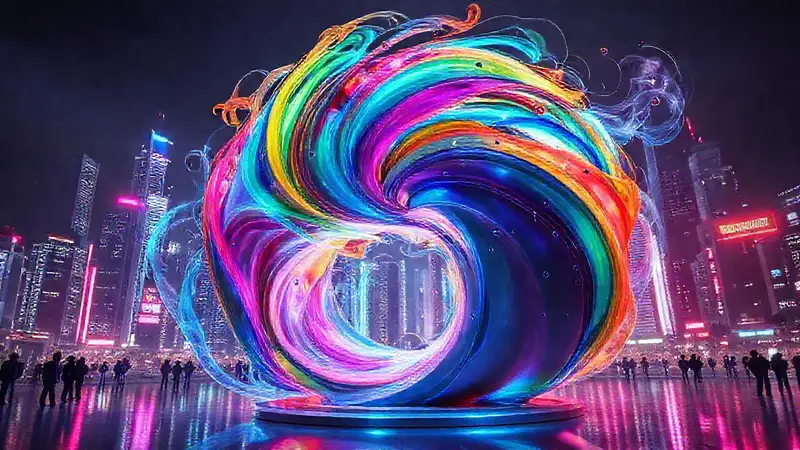 Escultura de arte moderno, colores vibrantes, futurista