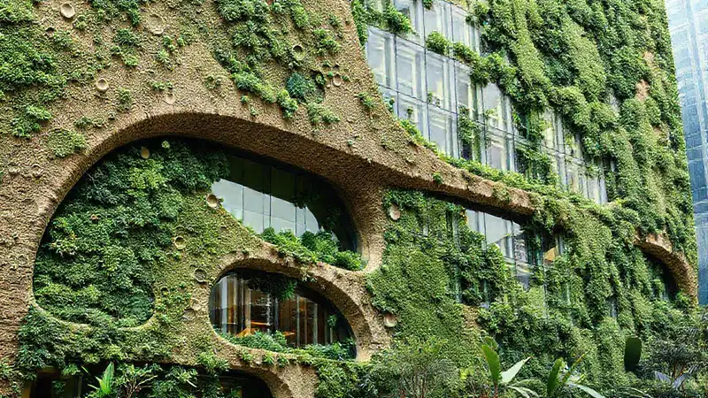 Fachada futurista ecológica de diseño innovador