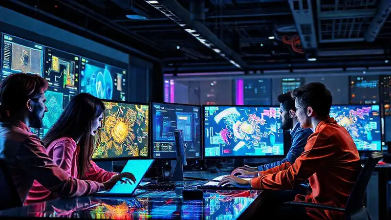 Equipo diverso crea arte digital en oficina futurista