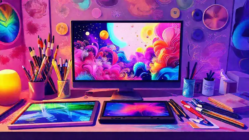 Espacio creativo digital con herramientas y colores vibrantes