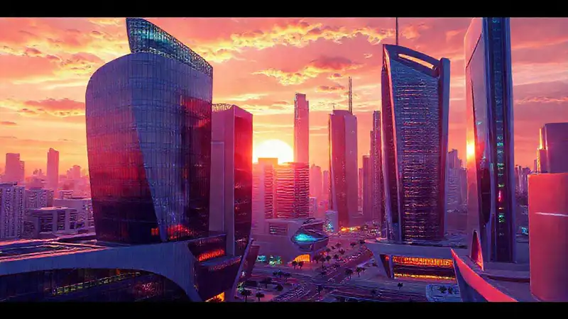 Paisaje urbano futurista en colores vibrantes