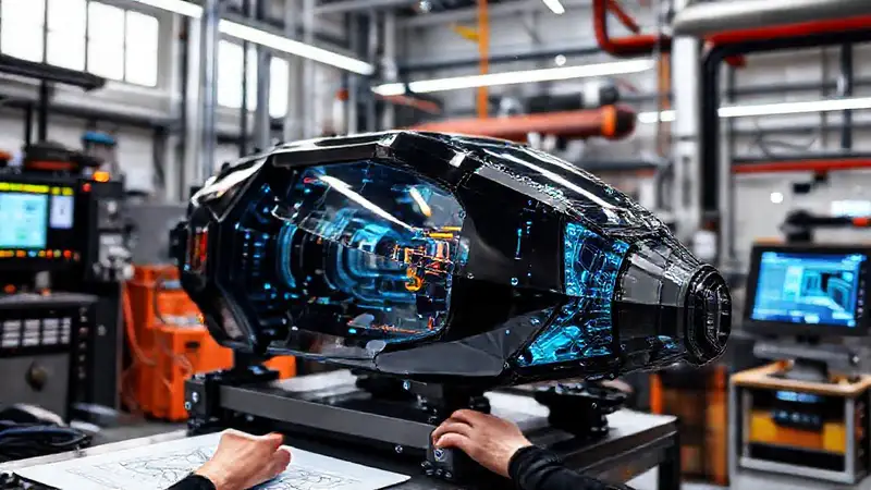 Prototipo industrial con diseño futurista y técnico
