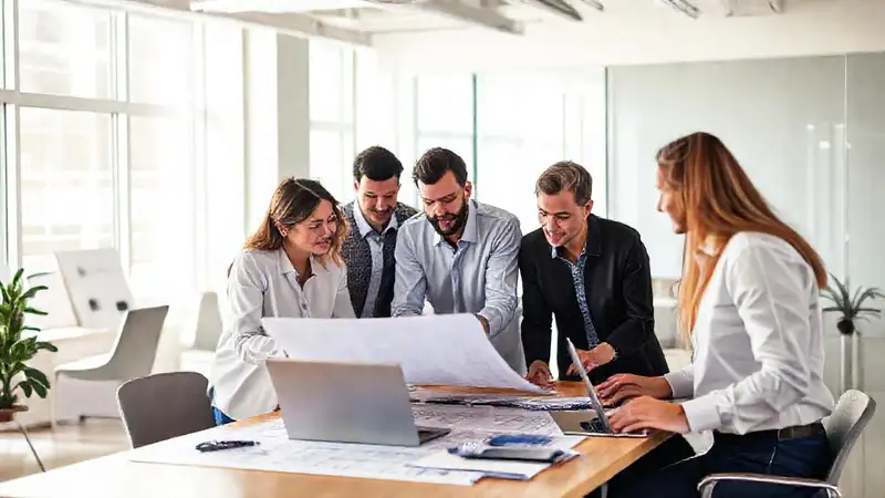 Arquitectos colaboran en oficina moderna y vibrante