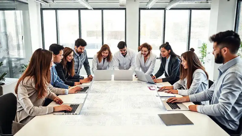 Equipo diverso trabajando en proyectos en oficina