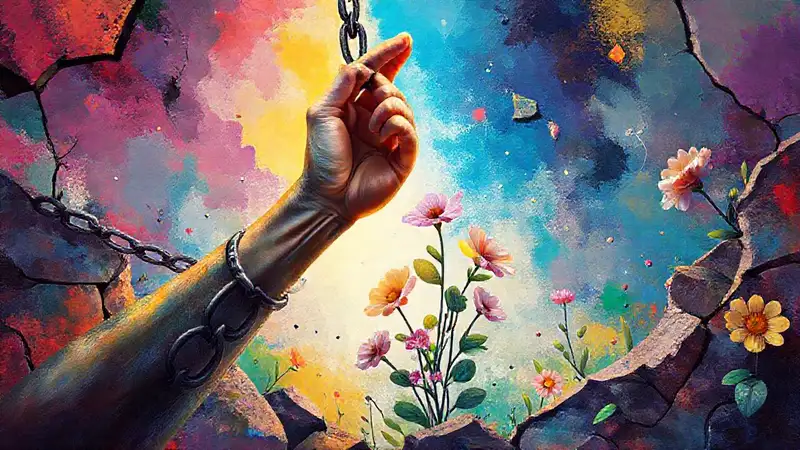 Artista liberándose, colores vibrantes, empoderamiento simbólico
