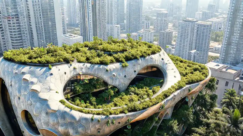 Edificio futurista ecológico con jardines verdes