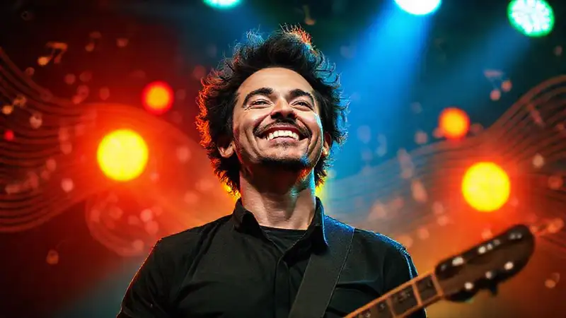 Músico sonriente con energía y color vibrante