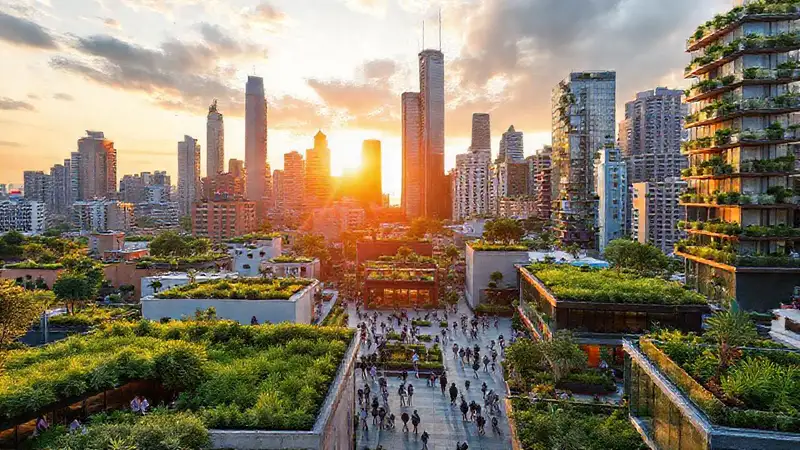 Ciudad moderna con jardines y comunidades vibrantes