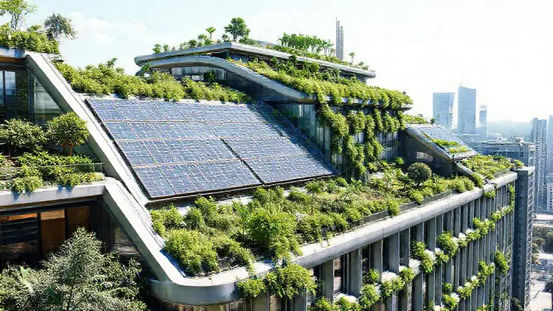 Edificio futurista sostenible con jardines y-paneles solares