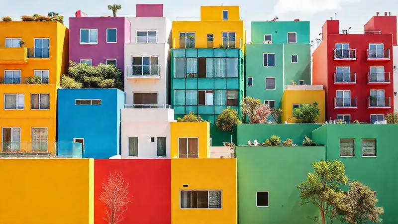 Fachadas modernas coloridas en entorno urbano vibrante