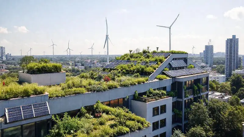 Edificio sostenible con jardines y energías renovables