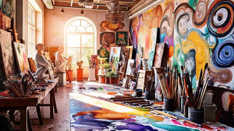 Paleta artística con colores y creatividad vibrante