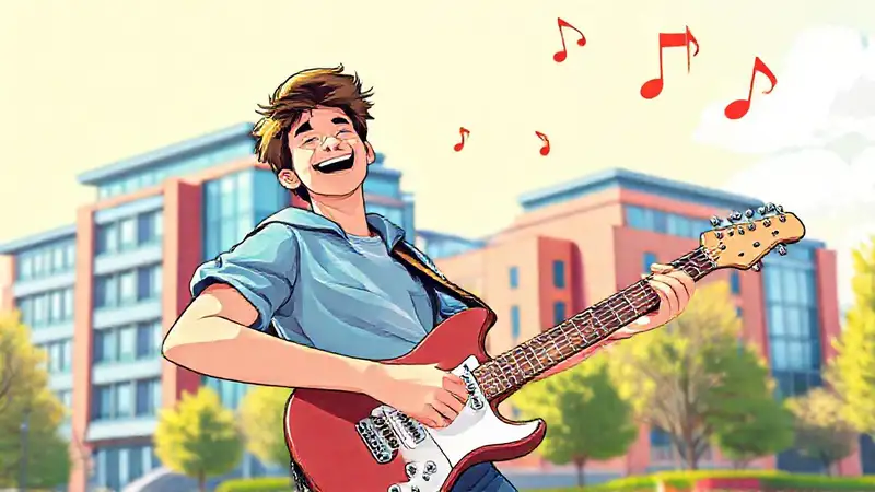 Estudiante tocando guitarra con alegría en campus
