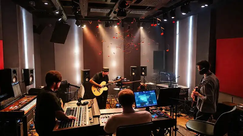 Estudio musical moderno con músicos creativos