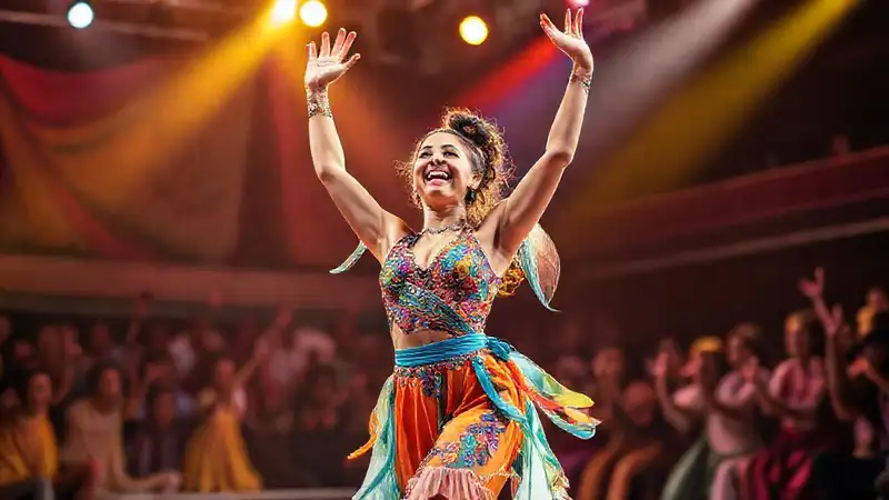 Bailarín feliz celebrando en el escenario alegre