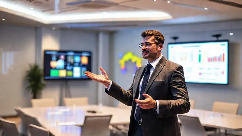 Presentador profesional con diapositivas coloridas y confiado