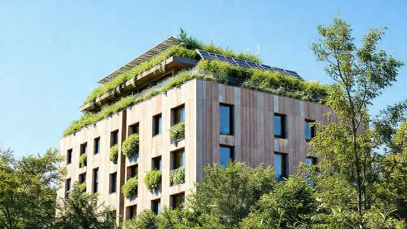Fachada ecológica moderna con paneles solares