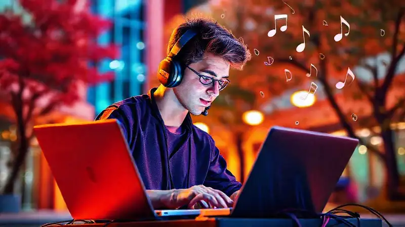 Estudiante creando música en universidad vibrante